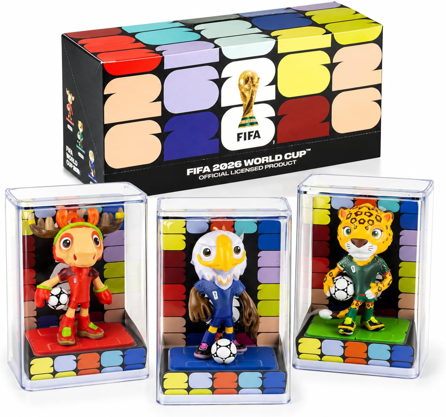 Official World Cup 2026 Merchandise Mascot Figurines Set, Limited Edition World Cup Merch Souvenirs, 3Pack Collectible Soccer Statues in Display Case, Football Fan Gift & World Cup Memorabilia (9cm-A)
